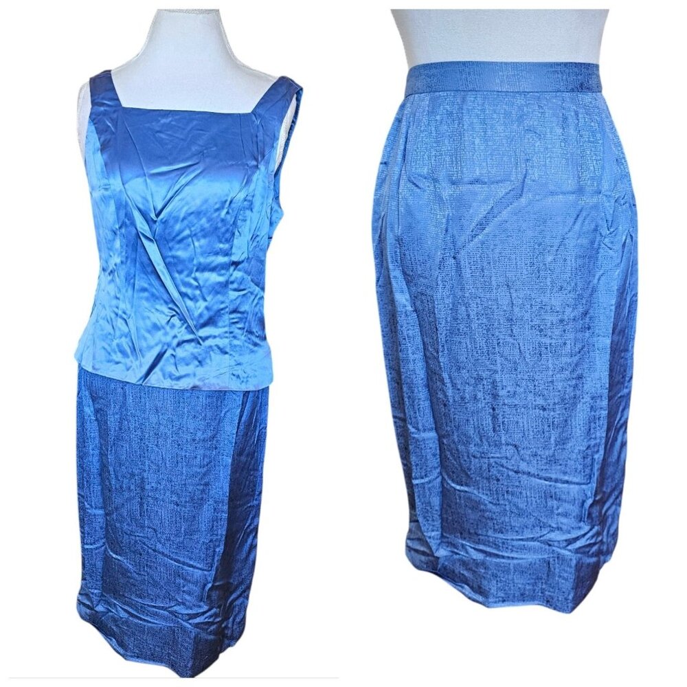 Y2k Womens Periwinkle Blue Silk Skirt Set Office Business Ann‎ Taylor Sleeveless